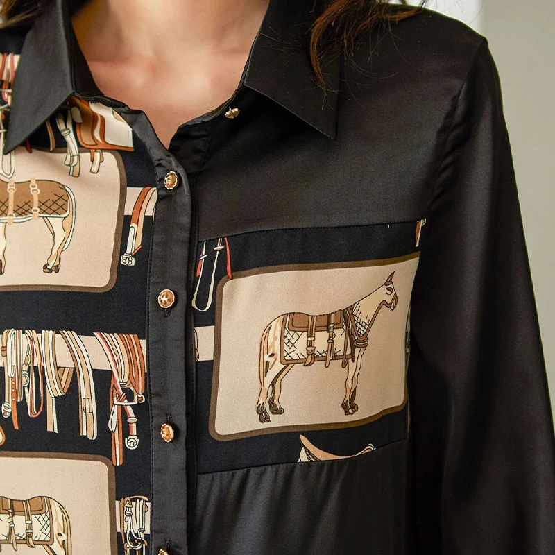 

2021 Spring Autumn CLASSIC Print Korean clothing Loose lapel Street Style Women's shirt Chic Personality Black Silky Casual tops