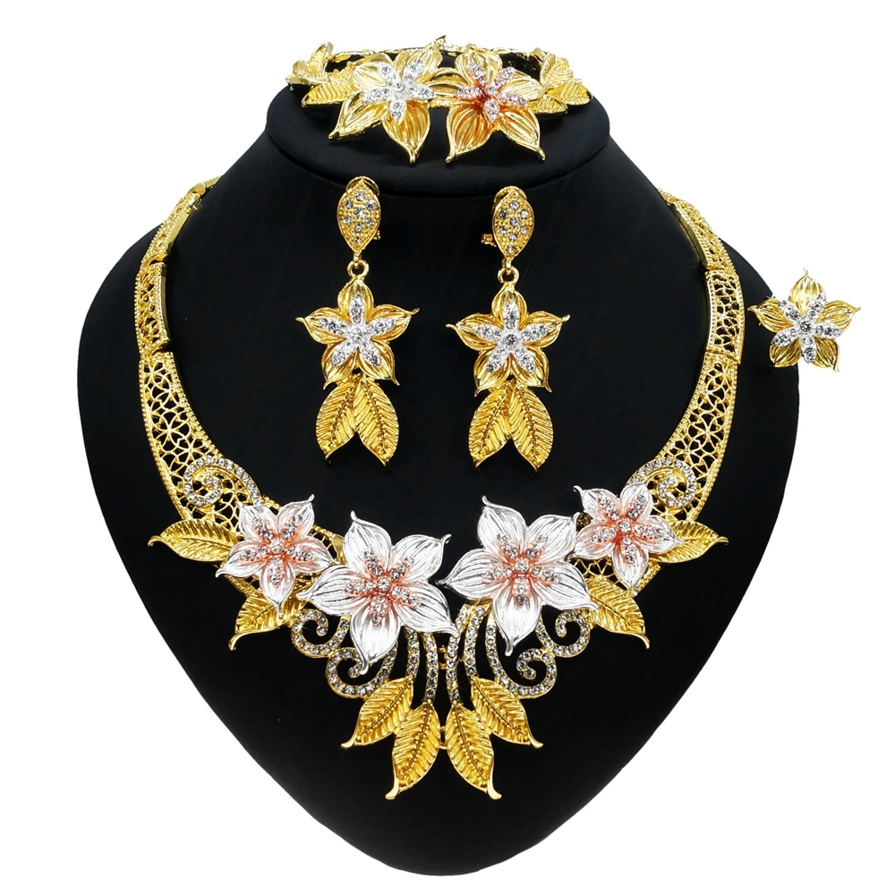 Роскошное ожерелье Yulaili с цветами, серьги, браслет, кольцо для женщин, Свадебные Ювелирные наборы, комплект свадебных украшений Дубай, подар...