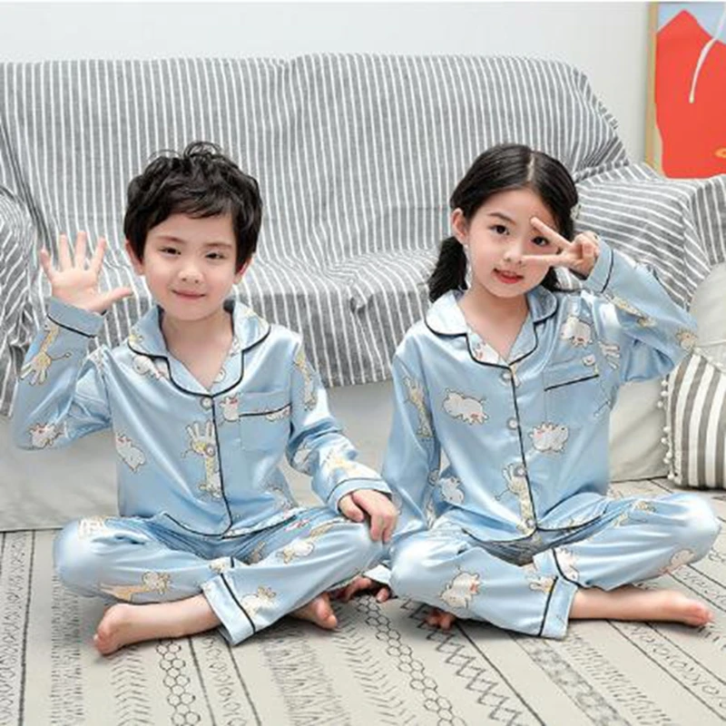 

Новый весенне-осенний пижамный комплект для больших девочек Шелковая пижама с длинным рукавом детская одежда для сна милый Пижамный костюм...