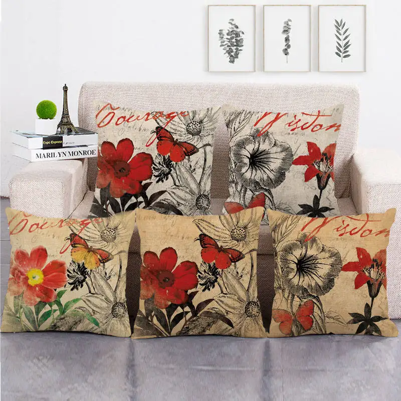 45 см * Бабочка и красный цветочный узор лен/хлопковая подушка для дивана Чехлы