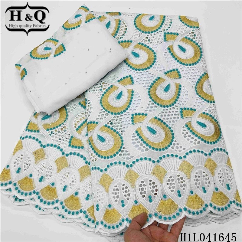 

H&Q embroidery swiss dry lace with stone 100% cotton orange african voile chiffon fabric 5 yards match 2 yards for sewing dress