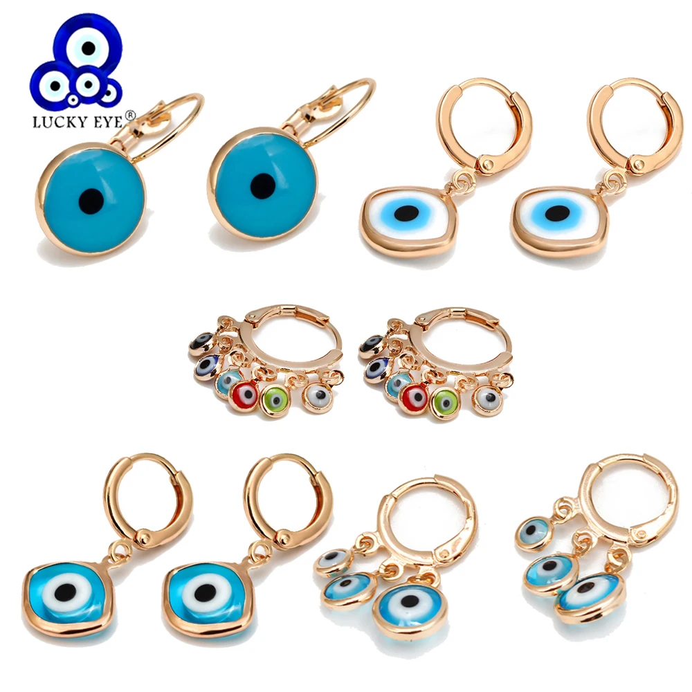 Lucky Eye Blue Turkish Evil Eye Drop Earrings Gold Color Copper Small Dangle Earrings for Women Girls Fashion Jewelry BE131