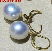 Luster 14-15mm Real Natural White Freshwater Drop Pearl Earrings Ear Rings for Women Jewelry 14k Gold Metal Earrings Gift