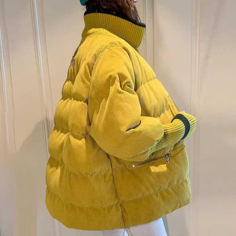 Autumn and Winter New Corduroy Letter Printing Solid Color Loose Simple Zipper Cardigan Jacket Plus Velvet Thick Down Jacket