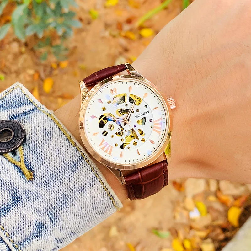 Мужские автоматические механические часы скелетоны водонепроницаемые