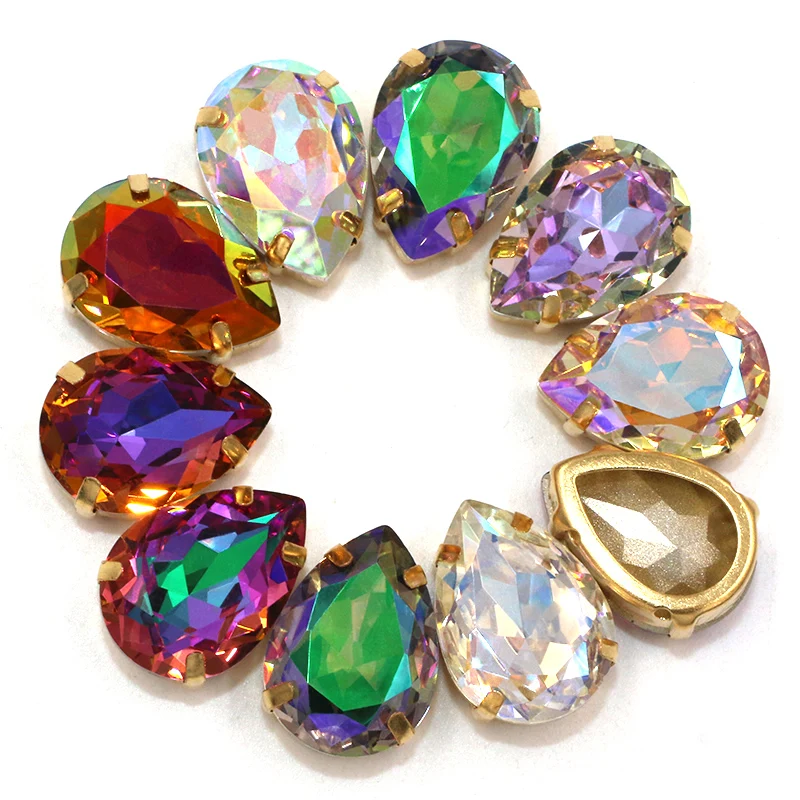 K9 хрустальные стразы в форме каплевидной формы для шитья с золотой полой рамкой