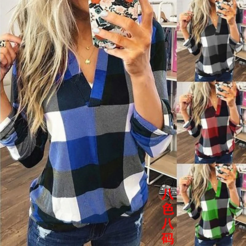 

Spring And Autumn Fashion Plaid Shirt Leisure Long Sleeve Sark V-Neck Pullover Blouse Top Temperament Base Shirt Women's Wear