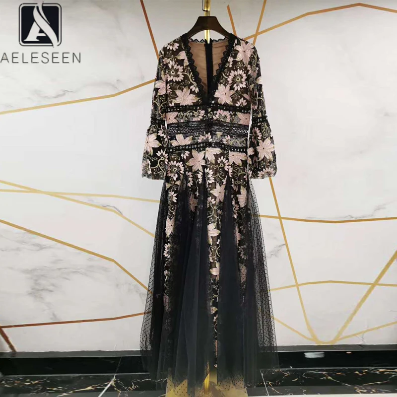 Женское подиумное платье AELESEEN черное высокого качества с рукавом 3/4 и v образным