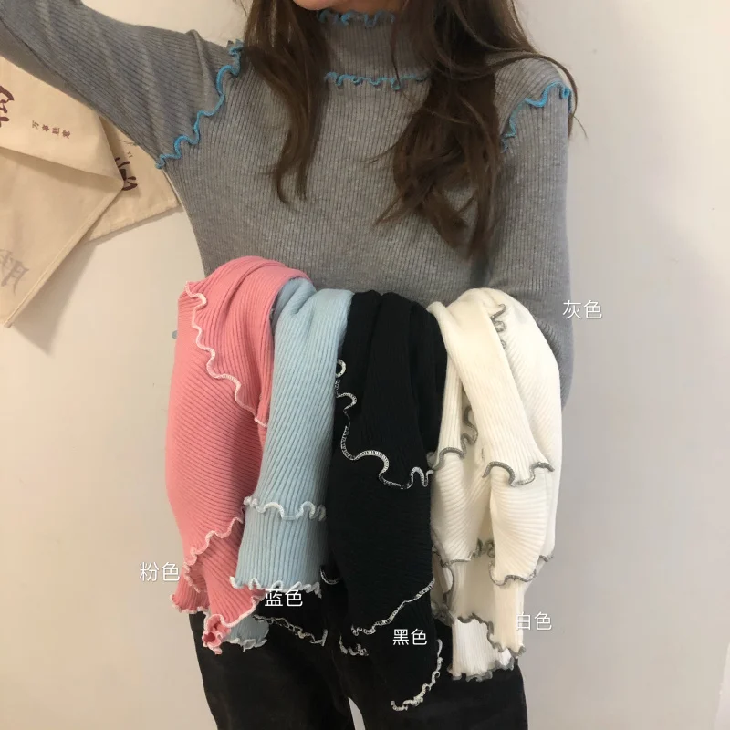 

Pullovers Sweater Solid Color High Collar Long Sleeve Knitted Sweater Korean Tops Spring 2021 Autumn Knitted Black Sweater 012C