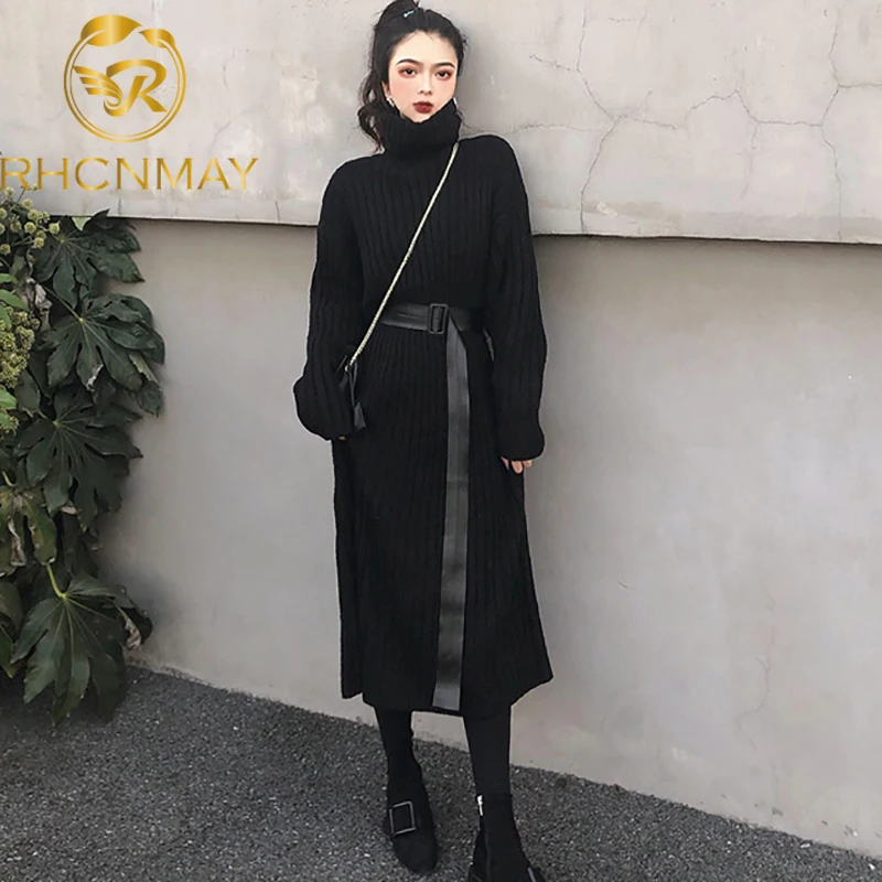 

2021 Autumn Turtleneck Mid-length Sweater Dress Vintage Wild Women's Overcoat with Belt Black Slim Female Long Knitted Dresses