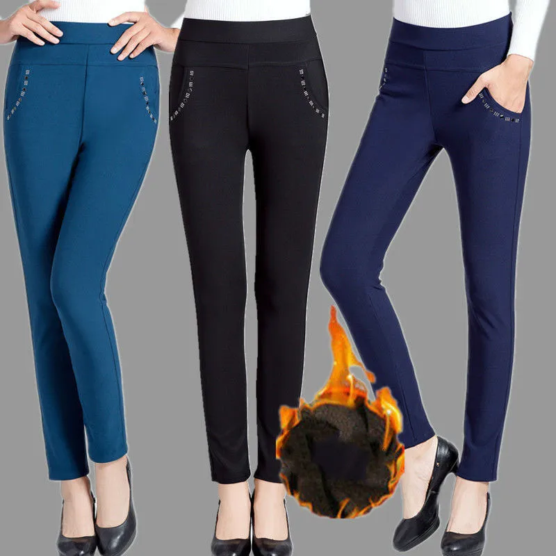 

2021 женские брюки с высокой талией, эластичные повседневные зимние вельветовые Теплые штаны для среднего возраста; Женские узкие брюки разм...