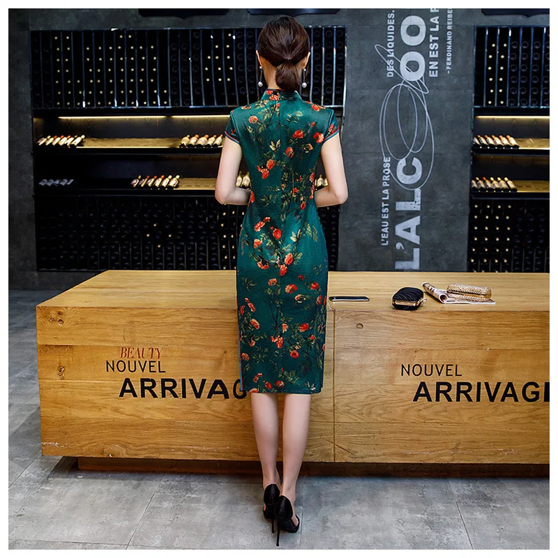 Женские красивые китайские Qipao платья Drak зеленые цветы Традиционные вечерние Qi Pao