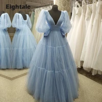 eightale baby blue evening dresses v neck long puffy sleeves a line arabic evening gown corset celebrity prom party dresses