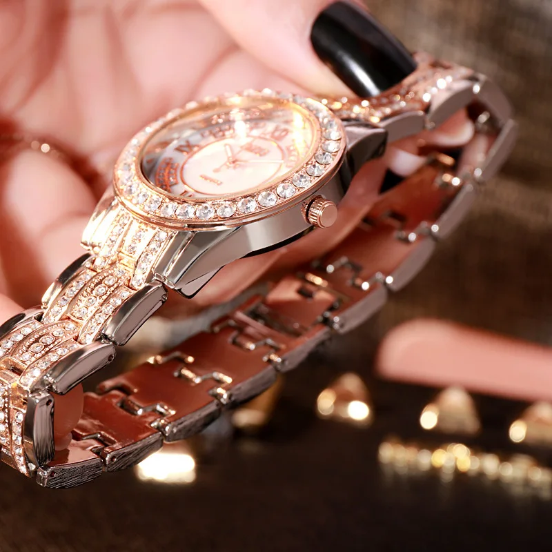 

Best Seller in Europe and America Luxury Diamond-Embedded Room Gold Steel Belt Women's Watch Atmospheric Roman Scale