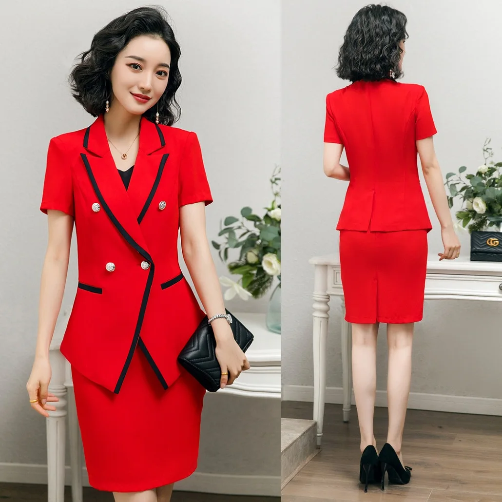 Летний модный женский красный Блейзер женские деловые костюмы с юбкой и курткой