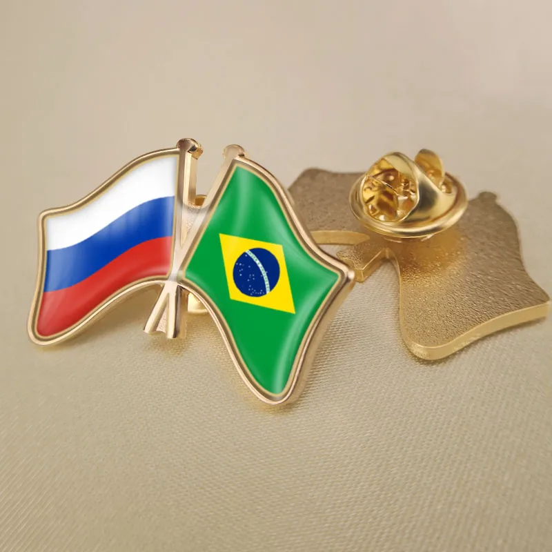 

Russian Federation and Brazil Crossed Double Friendship Flags Lapel Pins Brooch Badges
