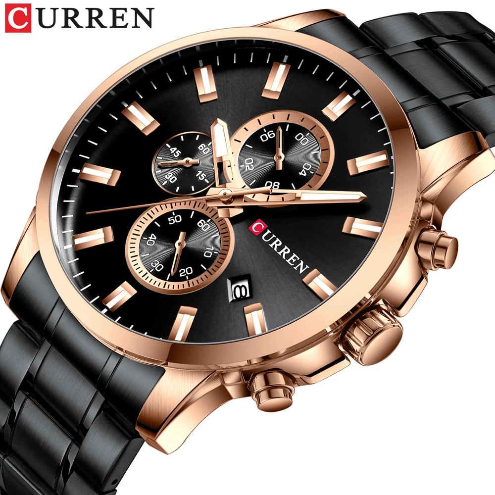 

CURREN Classic Sporty Black Watch for Men Chronograph Stainless Steel Quartz Watches Male Wristwatch Luminous Hands Reloj Hombre