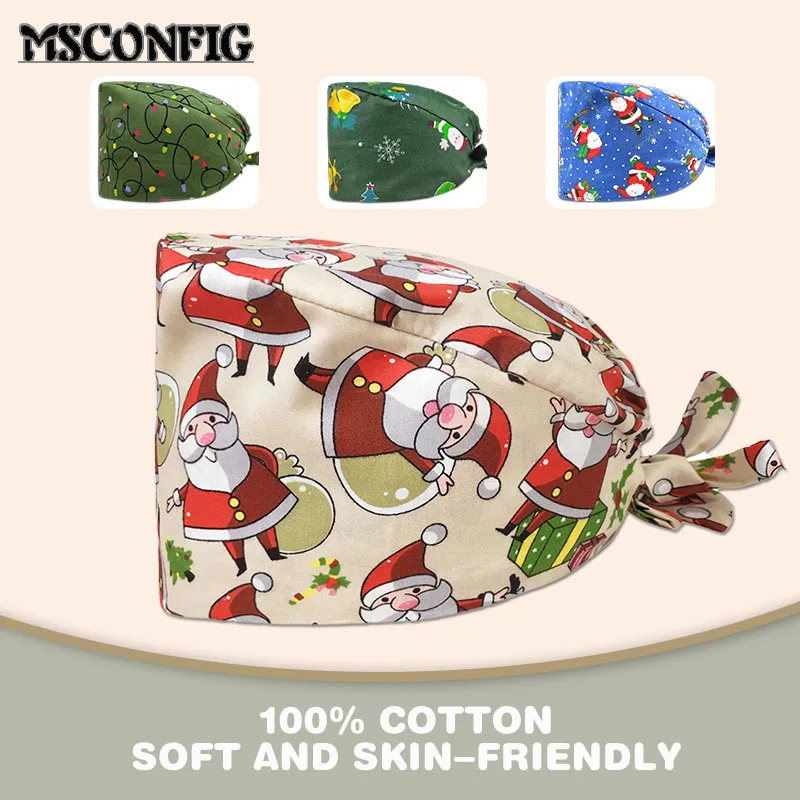 

Christmas Cartoon Print Ladies Nurse Hat Dentist Hat Adjustable Beauty Salon Nursing Hat Cute Santa Pattern Scrub Hat