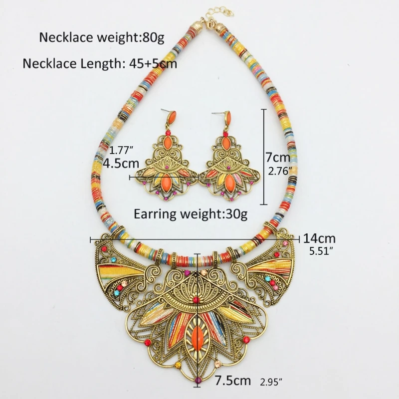 

Bohemian Necklace Earring Set Chunky Enamel Multicolor Pendant Vintage Rhinestone Ethnic Choker Necklace Eardrop Dangler