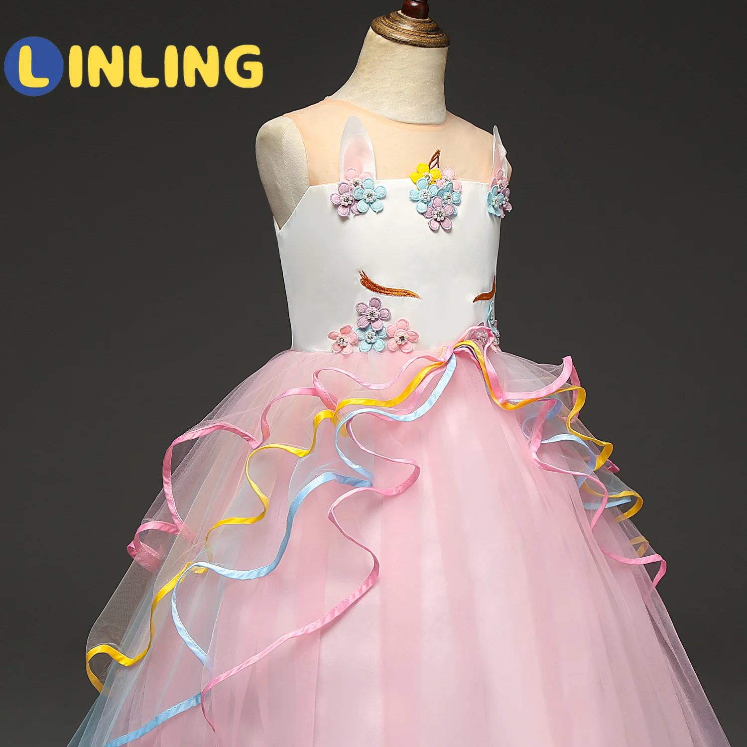 

LINLING New Popular Unicorn Princess Dress Ankle-Length Colorful Mesh Cake Puff Sleeveless Ball Gown Girls Performance Dress P75