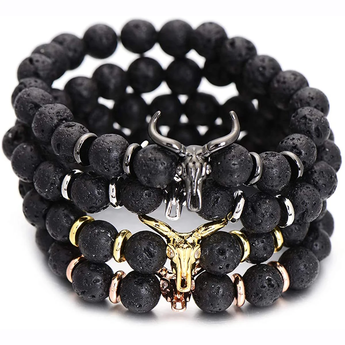 

Punk CZ Bull Head Skull Men Bracelet Fashion 8MM Lava Stone Beads Charm Bracelets & Bangles Macrame Strand Jewelry Gift