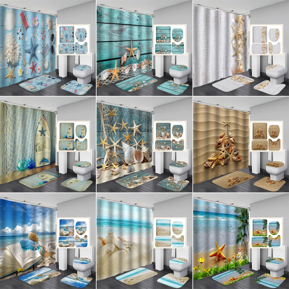 Шторка для душа раковины морской звезды нескользящая ванной в пляжном стиле