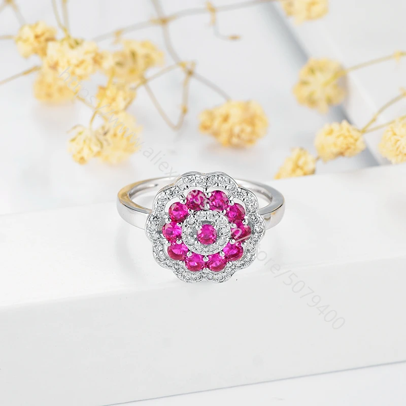 

Halo Dainty pink sapphires ring white Gold plated thin pink CZ Delicate flower ring Promise Engagement jewelry