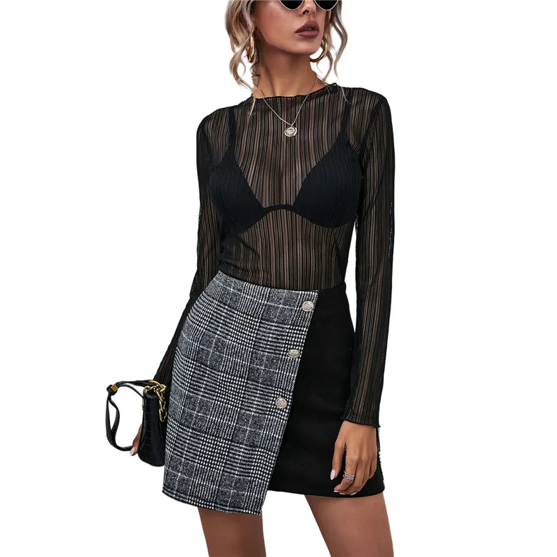 

Women's Fashion Plaid Patchwork Mini Skirts Casual High Waist Slim A-line Half Dress Elegant Office Ladies Skirts