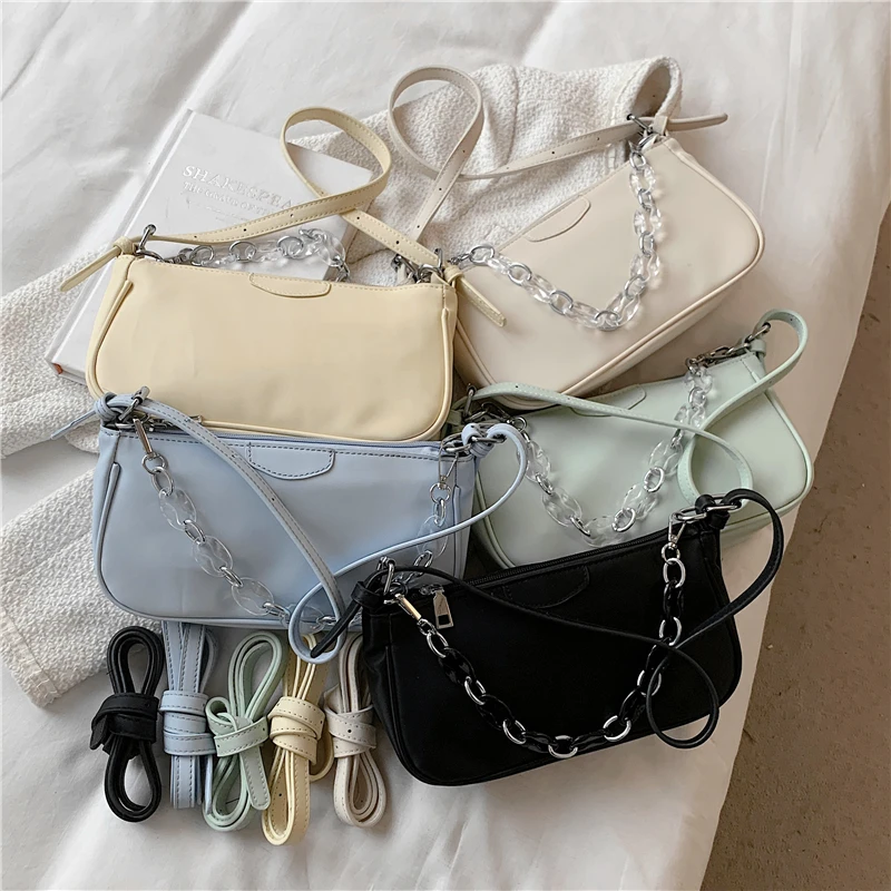 

French Style Solid Color Women Shoulder Crossbody Bags Brand Designer Chain Handle Baguette Small Ladies Handbags Summer 2021