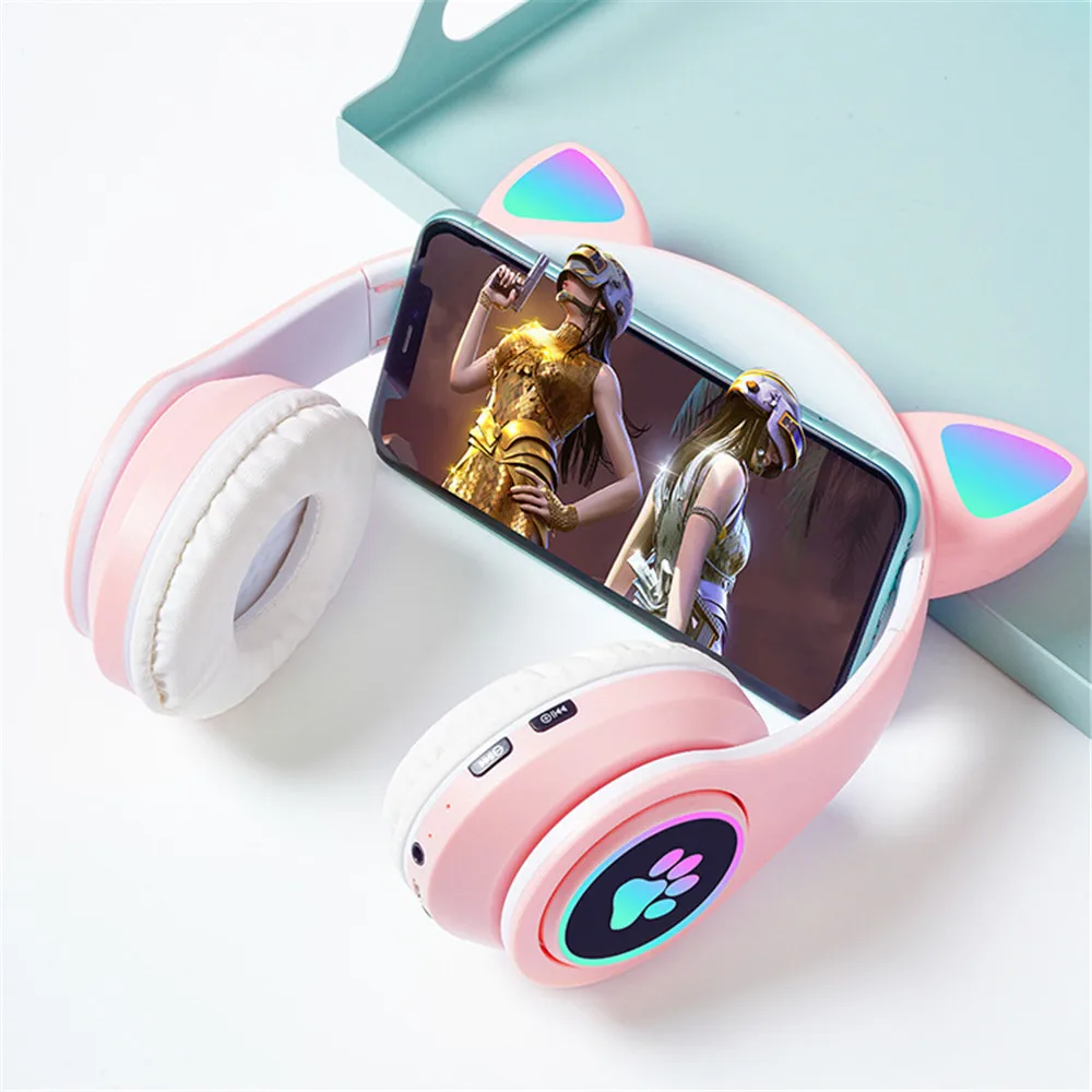 Мигающие светодиодные наушники с милыми кошачьими ушками Bluetooth беспроводная