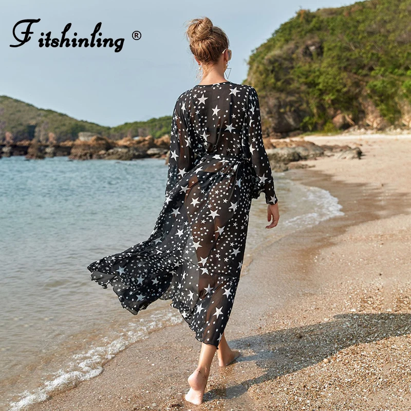 

Пляжная накидка для женщин Fitshinling с принтом звезд, женский прозрачный сексуальный Летний Бикини с расклешенными рукавами, богемный кардига...