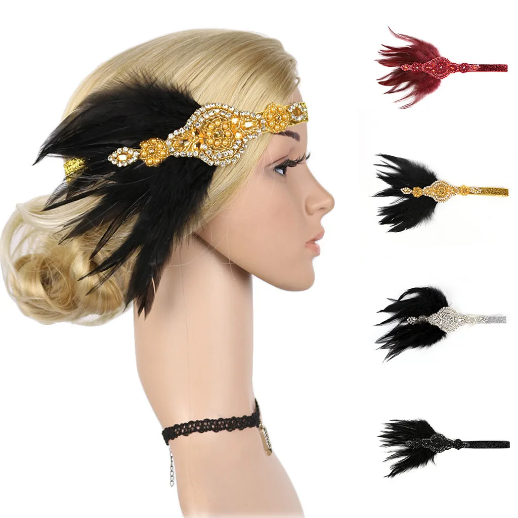 

Gatsby Flapper Feather Headband 20s Accessories Crystal Beaded Wedding Headpiece Girl Hair Accessories Party Headpiece