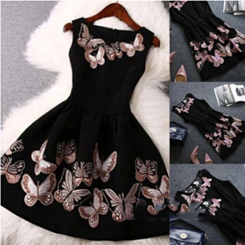

Women Fashion Party Dress Sleeveless Back Zipper Butterfly Print Dress Female Lady O-Neck Slim Big Swing Ball Gown Dress Vestido