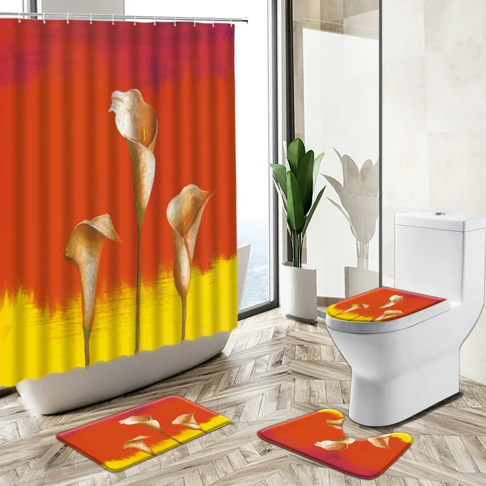 

Tulip Flower Shower Curtain Color Oil Painting Art European Style Home Decor Bath Mat Toilet Cover Flannel Bathroom Carpet Set