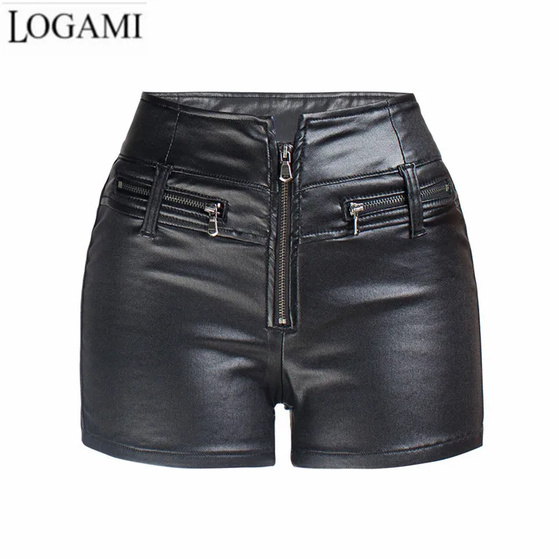 

LOGAMI High Waist Pu Leather Shorts Women Zipper Moto & Biker Shorts Skinny Black Summer Autumn