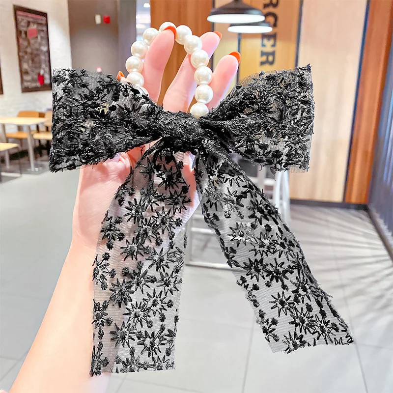 

2021 New Lace Pearl Hair Band For Women Bow Ribbon Hair Rope Korean Style Girls Elastic Silk Scrunchie Wedding Hair Accessories