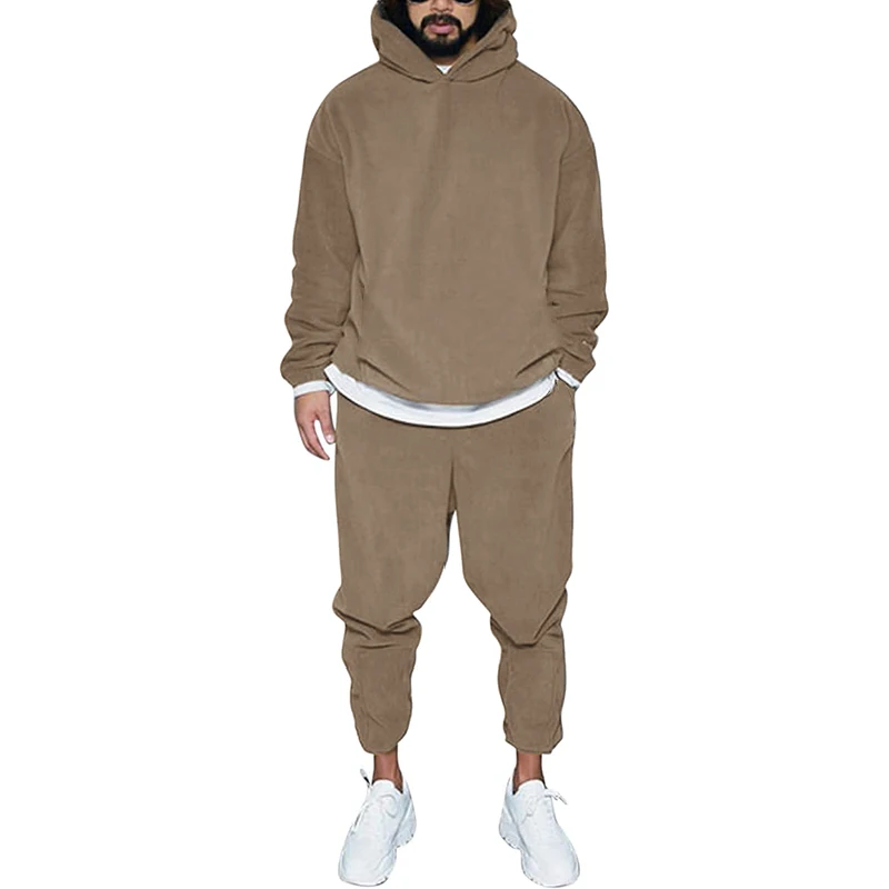 

Спортивный костюм унисекс из флиса, повседневный комплект из двух предметов, толстовка с капюшоном, однотонный, для мужчин и женщин, на осен...