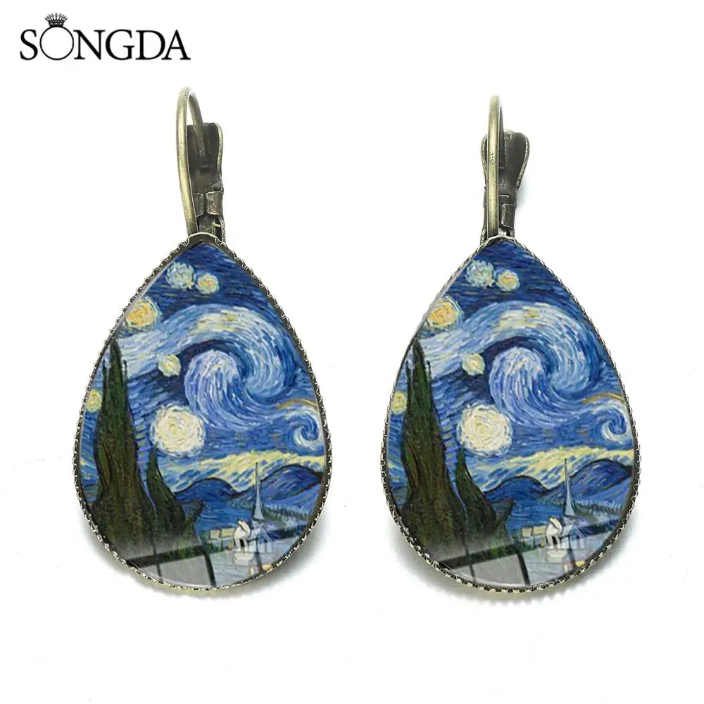 Классические серьги капельки с изображением героев Ван Гога звездной ночи