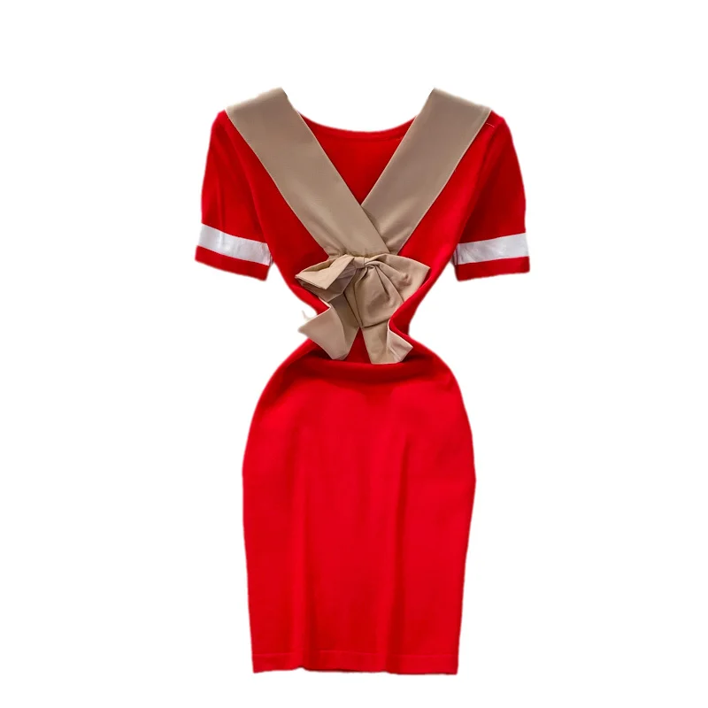 

Patchwork V-neck Bow Dress Women 2021 Summer New Fashion Slim Elastic Knit Dress Girl Bag Hip Short Knitted Dresses