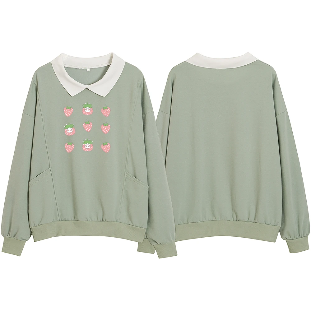 Pink Strawberry Sweatshirt 90's Aesthetic Tops Turn-down Collar Hoodies Women Cute for Friends Loose Pocket Korean Sweetshirts