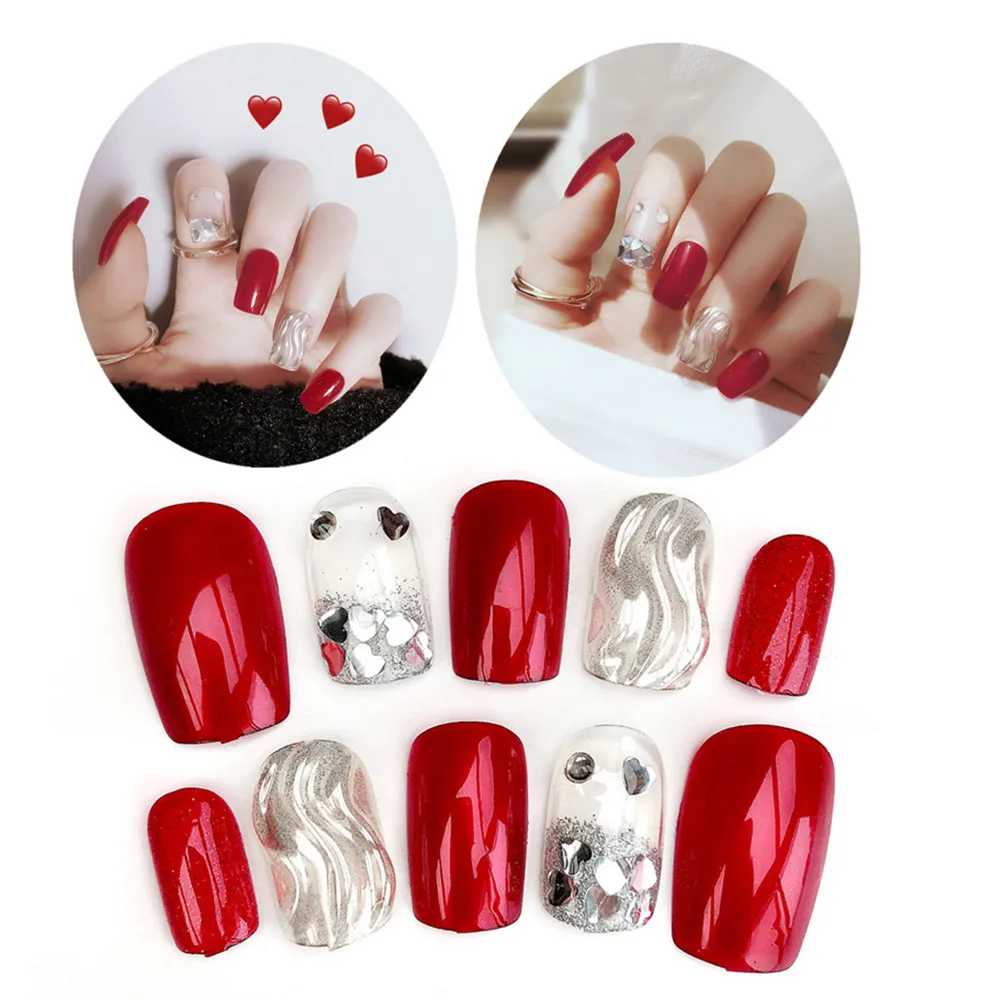

24Pcs False Nails Silver Red Color Full Nail Wave Square Head Fake Nail Tips with Shiny Diamond Love Heart Crystal Glue
