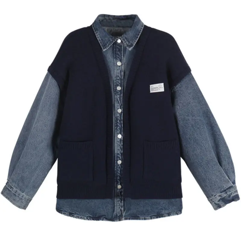 

Fake Two-piece Knit Sweater and Denim Cardigan for Women Autumn and Winter Long-sleeved French Simple Sweater Jacket Coat