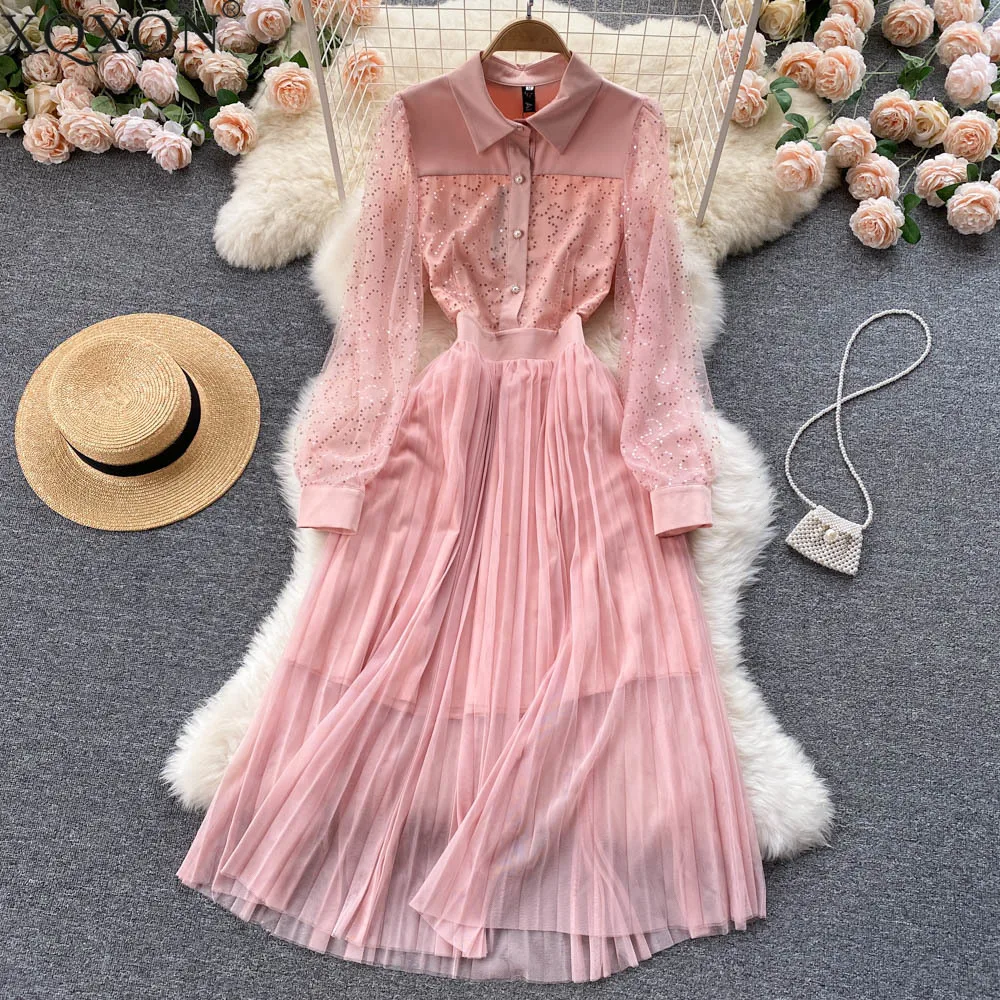 

Palace style pink long maxi dresses for women autumn 2021 new female sequin stitching pleated mesh girl dress vestido de mujer