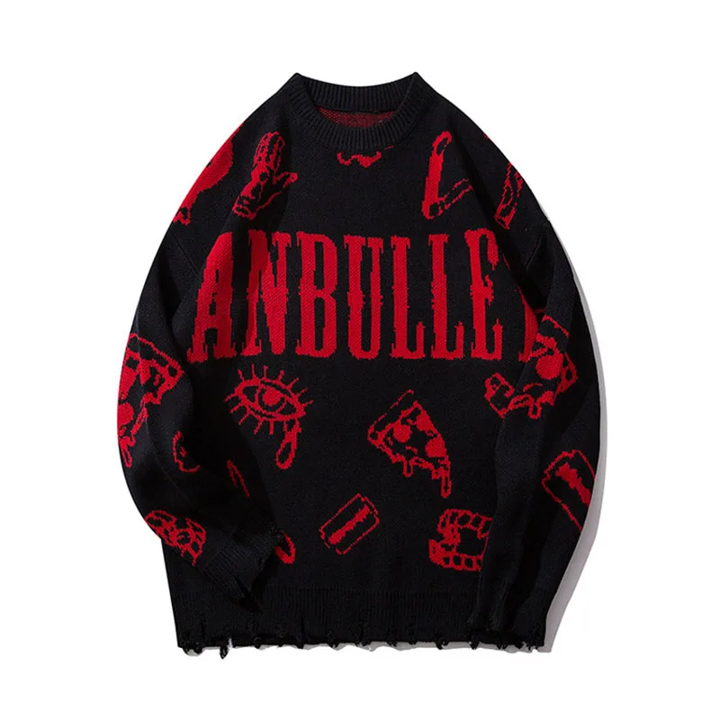 

Harajuku Sweater Men Destroyed Hip Hop Streetwear Patchwork Print Knitted Jumper Sweater 2021 Pullover Loose Knitwear Tops