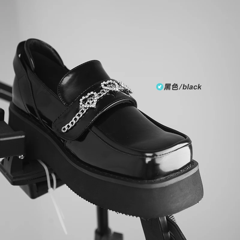 

Square Toe Leather Shoes Female Height Platform Loafers Rhinestone Velcro Slip-on Shoes Elevator Shoes women