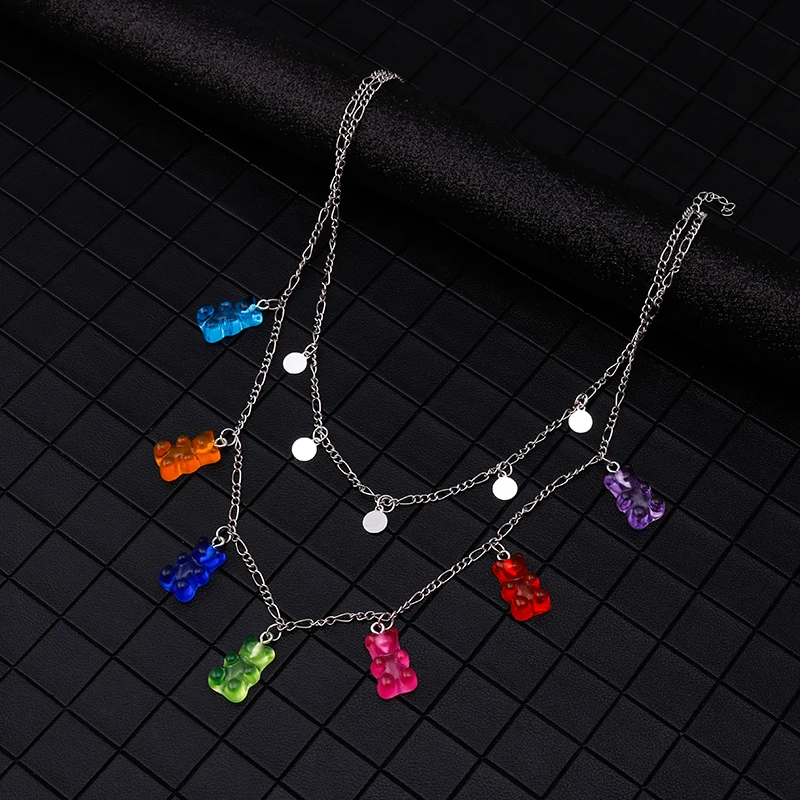 

Colorful Cute Gummy Bear Necklaces & Pendants for Women Girl Small Sequins Clavicle Chain Necklaces Chokers Daily Jewelry