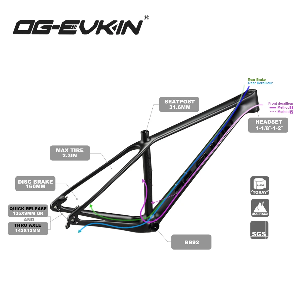 OG-EVKIN CF-052 29er MTB карбоновая велосипедная Рама 135x9 мм QR или 142x12 мм через ось дисковая рама карбоновая для горного велосипеда BB92 велосипедная Рама
