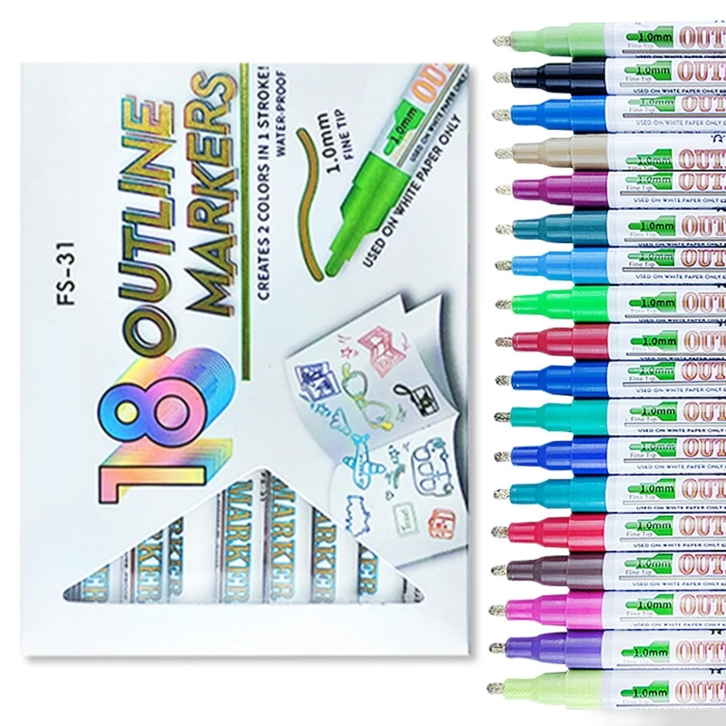 

18 Colors Epoxy Resin Magic Shimmer Paint Drawing Pen Double Line Outline Marker Highlights Metallic Permanent Markers