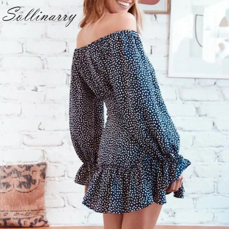 Sollinarry Print Vintage Short Dress Women Off Shoulder Autumn Sexy Female Long Sleeves Winter Ruffles Elegant Dresses | Женская одежда