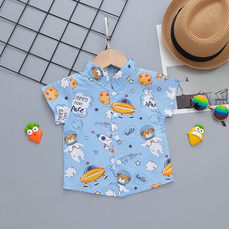 

Одежда для младенцев, Новинка лета 2022, хлопковая рубашка с коротким рукавом и принтом в виде космического медведя, повседневная детская оде...